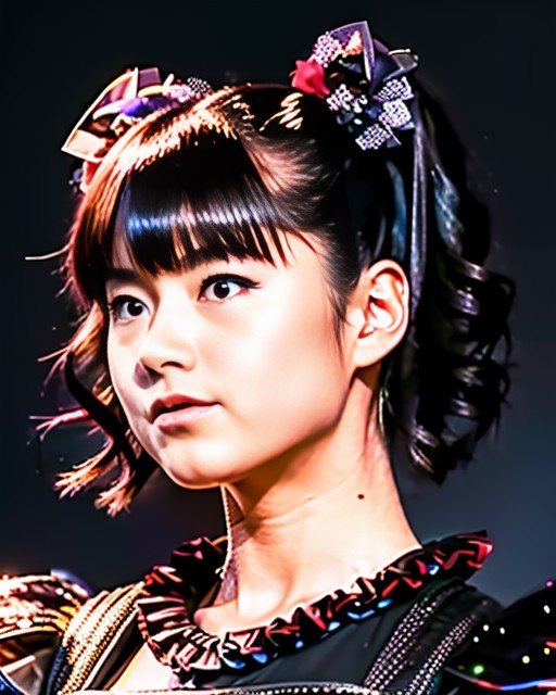 RAW photo, hyper real photo of japanese flat chest girl yuimetal with twintails hair in black dress with iridescent sequin...