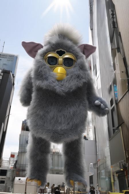 giant furby in city, furby, giant furby, godziller, white fur, city, tokyo, blue sky, epic,  <lora:Furby_SD_V1:0.8>