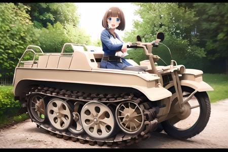 masterpiece, best quality <lora:kettenkrad-v11:0.7>, 1girl, solo, driving kettenkrad, :d, BREAK (brown bob cut:1.2) BREAK blue eyes