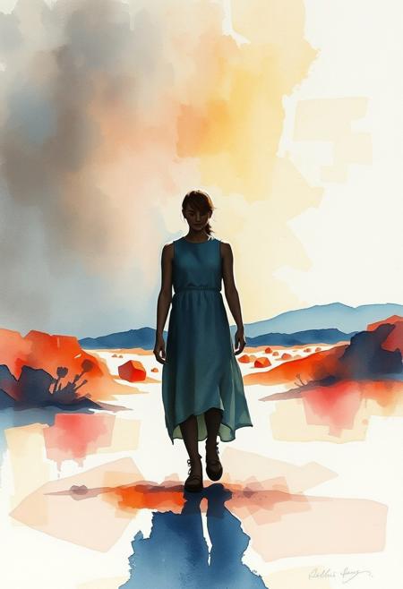 Delicate watercolor painting depicts a solitary figure in an intensely lit Pop Art landscape. High contrast and translucent washes create tension.  Fluid brushstrokes and rich colors evoke a dreamlike narrative and themes of solitude.