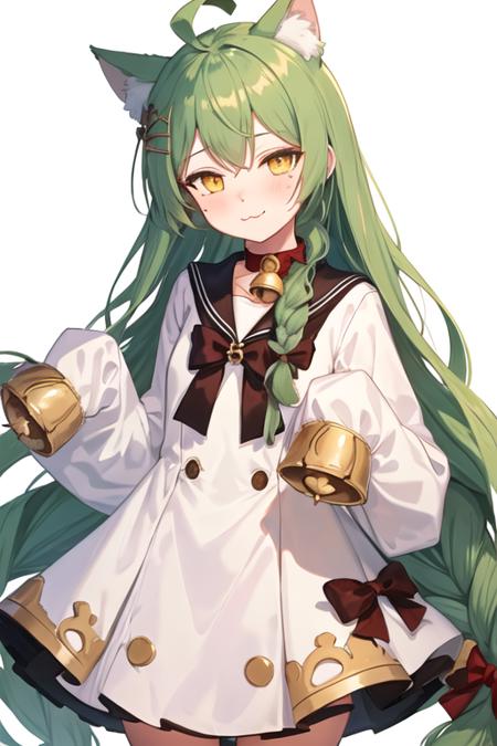 best quality, masterpiece, highres, solo, {akashi_azurlane:1.15}, animal_ears, cat_ears, green_hair, long_hair, ahoge, hair_between_eyes, yellow_eyes, blush, bell, bow, hair_ornament, bangs, very_long_hair, :3, mole, smile, mole_under_eye, 1girl, dress, jingle_bell, long_sleeves, looking_at_viewer, red_bow, simple_background, sleeves_past_wrists, white_background, white_dress, sleeves_past_fingers, braid, brown_eyes, neck_bell, sailor_dress, closed_mouth, head_tilt