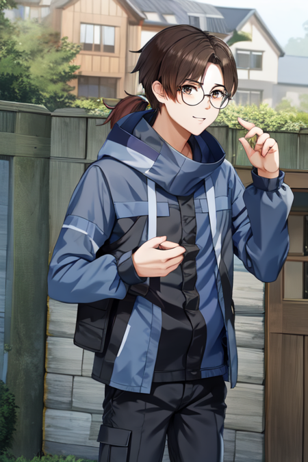 ccanatoly, 1boy, solo, glasses, desire grand prix uniform, brown hair, ponytail, 