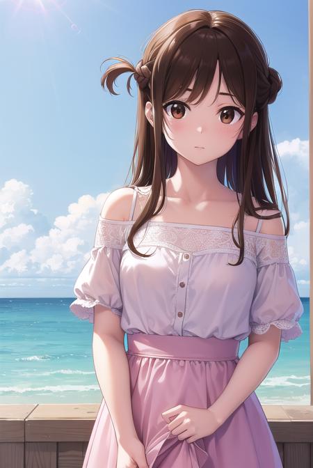 mizuharachizuru, <lyco:mizuharachizuru-lyco-nochekaiser:1>, 
mizuhara chizuru, long hair, brown hair, (brown eyes:1.7), (one side up:1.5), bangs, braid, hair braid,
BREAK bare shoulders, collarbone, pink shirt, puffy short sleeves, puffy sleeves, red bow, shirt, short sleeves, skirt, white skirt,
BREAK outdoors, city,
BREAK looking at viewer, (cowboy shot:1.5),
BREAK <lyco:GoodHands-beta2:1>, (masterpiece:1.2), best quality, high resolution, unity 8k wallpaper, (illustration:0.8), (beautiful detailed eyes:1.6), extremely detailed face, perfect lighting, extremely detailed CG, (perfect hands, perfect anatomy),