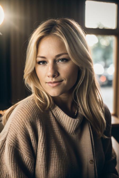 RAW photo of helfisch, face portrait, blonde, brown oversized sweater, 8k uhd, dslr, soft lighting, high quality, film grain, Fujifilm XT3,  <lora:helfisch:1>