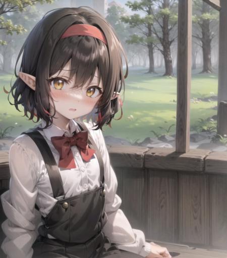 short hair, small breas, pointy ears, hazel eyes, <lora:Gena9-10:0.8>, flat chest, happy, blush, forest, suspender skirt, white shirt, red bowtie, amber eyes, bangs, hairband, (anime style:1.2), dot nose,