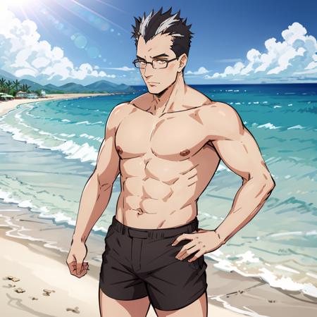 masterpiece,high quality,solo,
<lora:Ojisan001:0.7>,looking at viewer,
Ojisan,1oldman,
streaked hair,hair slicked back,short hair,spiked hair,two-tone hair,multicolored hair,black hair,white hair,brown eyes,
glasses,
formal,suit,shirt,
shirtless,shorts,ocean,beach,sunshine,