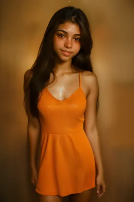 RAW photo of woman, (full body shot:1.1) portrait in a crowded disco, looking at viewer, (smile, happy:1.1), sharp focus, best quality, extremely detailed. (little orange dress:1.3), (lens flare:1.01). BREAK r1ta-001, brunette hair, brown eyes. fcHeatPortrait