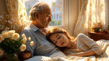 an elderly man peacefully lying in bed,a lady standing by the bedside,(closed eyes),warm soft sunlight streaming through the window,quiet and serene room,delicate flowers on the bedside table,the man's face showing peace,calm,and contentment,soft lighting,golden sunlight,cozy atmosphere,gentle shadows,a sense of love,care,and respect in the air,symbolizes the beauty of life's final moments,calm expression,gentle wrinkles,relaxed posture,soft bed linens,peaceful morning light,warm tones,harmonious composition,heartfelt emotions,a sense of completion and fulfillment,masterpiece:2,best quality,ultra highres,original,extremely detailed,perfect lighting,<lora:add-detail-xl:1>,<lora:detailed_notrigger:1>,<lora:xl_more_art-full_v1:0.8>,<lora:MJ52_v2.0:0.5>,
