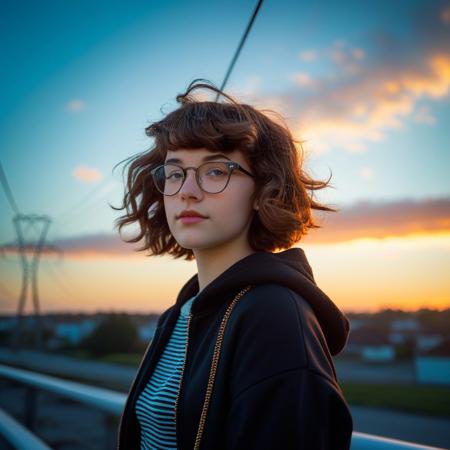feminine, photograph, realistic, detailed, (small_breasts, perky_breasts, necklace, glasses, thick,
(20yo, nsfw, 1girl, pubic hair, short wavy hair, pretty, rouge,:1.4), sensual, exotic, mesmerizing, evocative, entrancing, artless, young, fresh, solo, (style of Henry Scott Tuke), (style of Anthony Thieme), (style of Gil Elvgren), :1.1), 
(1girl, solo, upper_body, sunset, power_lines, evening, sky, from_side, gradient_sky, long_sleeves, twilight, nose, jacket, clothes_writing, dusk, backlighting, blurry_background, sweater, turtleneck, sunrise, black_jacket, orange_sky, cloud, depth_of_field, sunlight, day, blue_sky, hood, gradient_background, hoodie, portrait, shirt,:1.0)