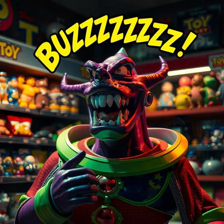 Hyper realistic Emperor Zurg from toy story movie screaming ‘BUZZZZZZZ’ in a dark toy store at night, focus on lettering