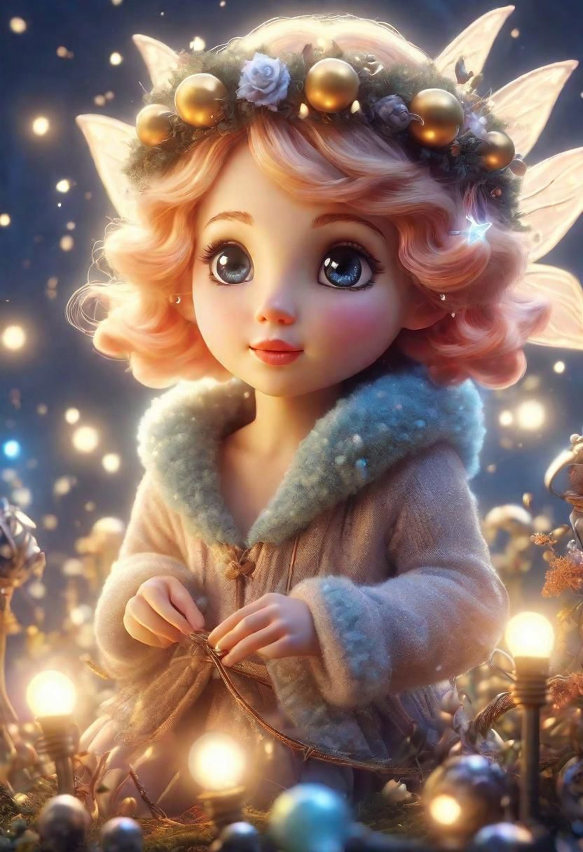 Cute Fairy, beautiful clouds and stars, mysterious glow of light bulbs and night lights, photorealistic fairy tale