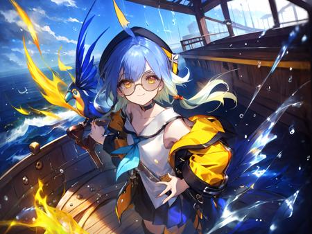 masterpiece,best quality,highres,cinematic lighting,dramatic angle,<lora:ShadowverseBarbarosV2-000027:0.8:lbw=ALL>,1girl,wave,on boat,rainy,storm,hat,blue hair,ahoge,gradient hair,looking at viewer,sunglasses,evil smile,wheel,skull,asymmetrical legwear,sailor fuku,coat,off one shoulder,white shirt,necktie,braid,yellow eyes,blue bird,holding wheel,single thighhigh,helm,rudder,on ship deck