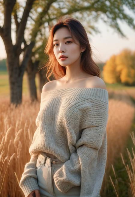 Beautiful woman, soft lighting, dreamy atmosphere, ethereal, high detail, portrait, elegant, delicate features, pastel colors, emotional expression, masterpiece, 8k resolution, Extremely high-resolution details, photographic, realism pushed to extreme, fine texture, incredibly lifelike, looking at viewer, solo focus, realistic, photorealistic, cleavage, thin waist, off shoulder swater, oversize sweater, field grass, maple trees, golden hour, film grain, 1girl,