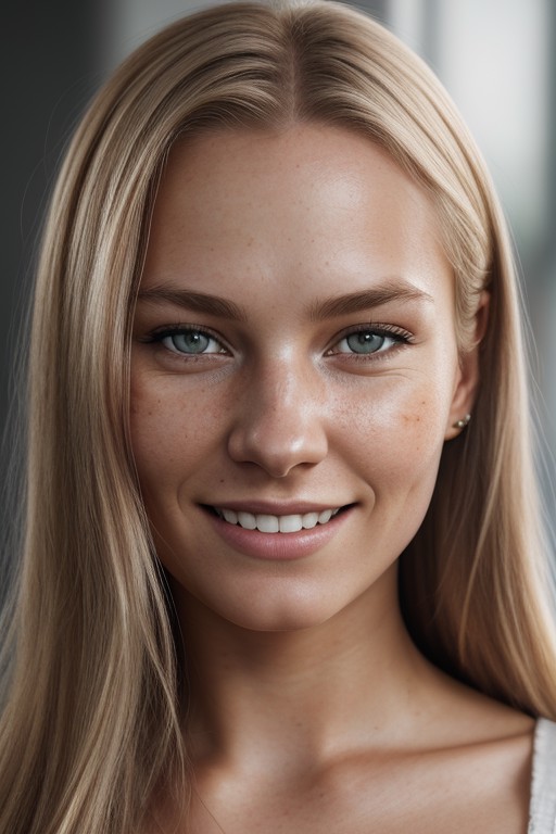 full portrait of a young Norwegian woman, smiling, skin pores, dramatic lighting, ambient occlusion, high level of detail,...
