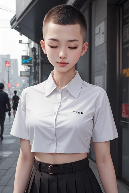 masterpiece,best quality,upper body,1girl,collared_shirt and flared_skirt as material3,色彩,cyberpunk,cropped,buzz cut,small breasts,bruised eye,eyes closed,breast awe
Negative prompt: EasyNegative, (bad and mutated hands:1.3),(nsfw:1.5),(bad anatomy, nude,paintings, sketches, worst quality, low quality, normal quality, lowres,:1.3),BadDream, By bad artist -neg, FastNegativeEmbedding, Unspeakable-Horrors-64v, picture frame, painting frame, frame, painting frame, border,nsfw,
Steps: 20, Sampler: DPM++ 2M Karras, CFG scale: 5, Seed: 4154482907, Size: 512x768, 