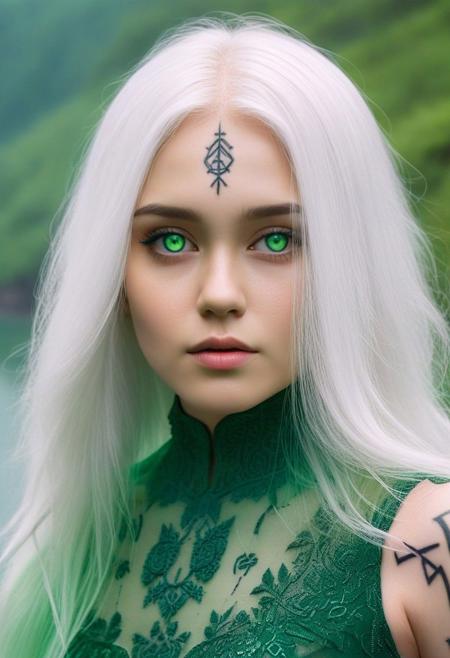 Beautiful woman, white hair, long hair, glowing green pupils, voluptuous, runic tattoos. sheer dress. full-body shot, legs. Standing in a hazy forest. River in background. Fixhand.