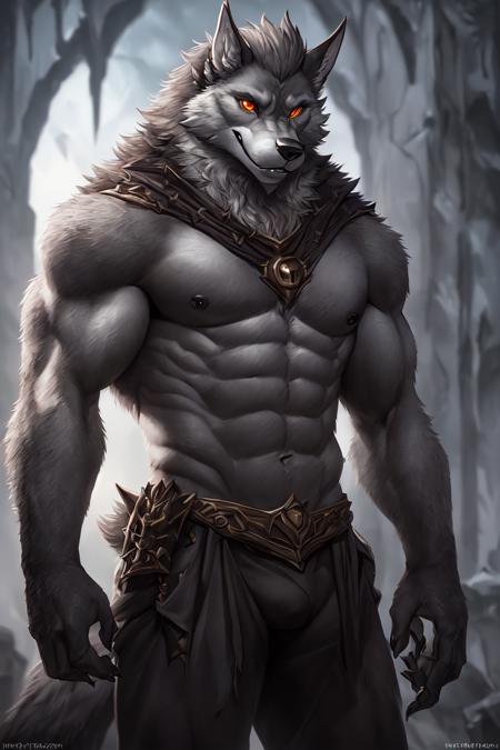 dark fantasy art, uploaded on e621, anthro, nsfw, furry, explicit, explict, (by mrsafetylion, mrjimmydafloof, h0rs3, ruaidri, spelunker sal), ((werewolf)), high res, ((detailed realistic image)), (detailed eyes, expressive eyes:1.2), impasto impressionism, insane details, soft, cinematic lighting, (hyper realistic fur:1.3), (detailed fur:1.2), pupils, (full body view), (fur covered body), (male),  (athletic:1.5), (werewolf face), (werewolf features), (expressive face, detailed face), (anime hair:1.4), (realistic quality:1.3), photographic quality, <hypernet:furry_2:1>, (posing), full color, (3d:1.3), (graying hair:1.3), kemono, (highly detailed:1.3), red eyes, (evil grin), overdramatic villain, (bulge:1.2), (evil lair background), magic, sorcerer, chaos, corruption, (villain outfit), (tattered cape), villain, muscle, muscular,