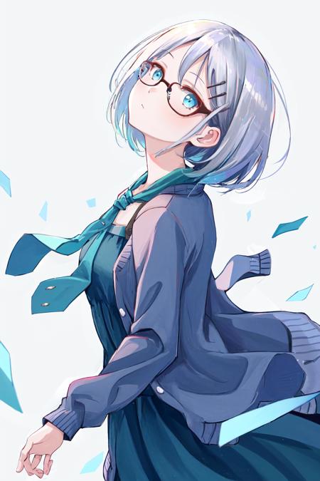 masterpiece, best quality, highres, 1girl glasses hairclip, blue dress neckerchief long sleeves open cardigan <lora:kyouko_okitegami:1> from side, shaft head tilt <lora:shaft_head_tilt2:1>