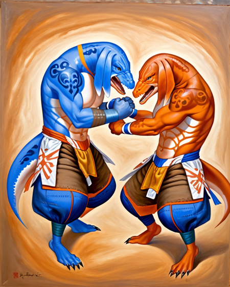 oil portrait of two bangaa monks, topless battle stance with humpbacked shoulders, in a sparring match, hardened fist with claws clashing, tails used for stabilisation, dynamic action, martial expertise, orange and brown scale color, blue dhoti pants