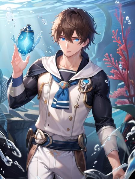 best quality, masterpiece, highres, detailed, digital artwork, <lora:Detail - add_detail:0.2>, SailorCh,  <lyco:Change - SailorCh:0.8>, white shirt, white pants,  JaceMind, brown hair, blue eyes, glowing blue eyes, casting magic, underwater, 1boy, muscular, <lora:Character - JaceM:0.8>