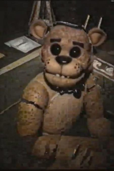 freddy, brown fur, shallow focus, depth of field, dirt, grain, camera lens, vintage, printed photography, ((sitting on floor,)) dark scene, black eyes, no eyes, no pupils, black sclera