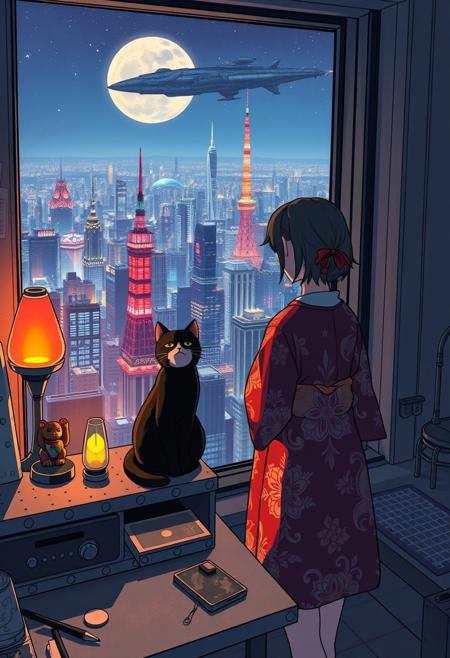 Jiji, the cat from Kiki's Delivery Service sits on a cluttered metal riveted desk next to a maneki neko statue and a lava lamp, Jiji is looking out of a floor to ceiling window that looks out at a very high view from an apartment on the 400th floor of a futuristic Tokyo skyscraper, the year is 2250, The city has thousands of enormous wide and tall futuristic skyscrapers and space ships in the sky, (((Kiki from Kiki's Delivery Service, 24 years old, is standing next to the cat looking out at the enormous city at night, filled with buildings over a mile tall))), Kiki is dressed in an ornate Japanese style bath robe. An enormous starship is visible high above the city, The woman's hair is messy from just waking up and tied up with a ribbon. Artistic cyberpunk, dynamic perspective, The focus is on Jiji and Kiki standing together looking out the window at the view together,
