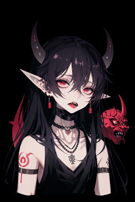 solo, pointy ears  , black nails, long hair , necklace, male focus, mask, horns, jewelry, fangs, 1boy, tattoo, upper body, beads, bead necklace, oni mask , tusks , oni, straight-on, looking at viewer, collarbone, hand up, blank eyes, fingernails, sleeveless, shoulder tattoo 
/////////// <lora:rsef-000225:1>