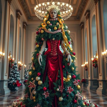 A conceptual and avant-garde Christmas look where the model becomes a living Christmas tree. The gown is a towering, sculptural masterpiece made of layered evergreen branches, adorned with glowing ornaments, tinsel, and cascading ribbons of gold. The bodice is a corset made of shimmering red velvet, and the model’s headdress is a star-shaped crown that emits a soft, golden glow. Her arms are wrapped in delicate, vine-like gloves that sparkle with frost, and her train is a cascade of snow-dusted poinsettias. She stands in a grand hall, her presence illuminating the space like a living holiday centerpiece. Keywords: avant-garde, Christmas tree, evergreen, ornaments, velvet, poinsettia, star crown, frost