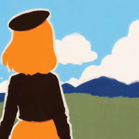 <lora:aka_outwork:1.0>, (aka_outwork:1.0), painting, drawing, paper texture, halftone background, 2girls, back, black jacket, black skirt, blue sky, blush stickers, brown eyes, brown hair, character doll, clouds, garrison cap, green skirt, hat, jacket, long hair, long sleeves, military, military uniform, miniskirt, multiple girls, orange hair, outdoors, pleated skirt, school uniform, serafuku, short hair, silver hair, skirt, sky, smile, uniform