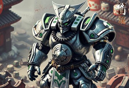 Superheavy Samurai Monk Big Benkei robot, silver armor, green & black accents, helmet visor, star chest plate, Dice Dungeon background, assertive stance, isometric view, dynamic action pose, splash ink illustration, octane render, Unreal Engine 5, Raphael style, Houdini style, vivid details, 4k, trending on Artstation, CGSociety, golden ratio, immaculate detail, vibrant colors, dramatic lighting.