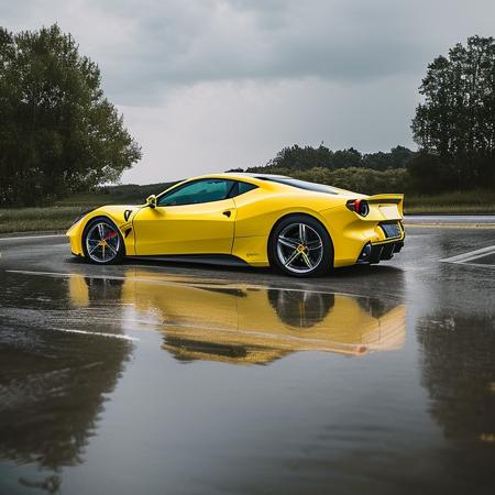 photo of a yellow ferrari car, wet road, lightning in sky, in crpht-4300 photography style