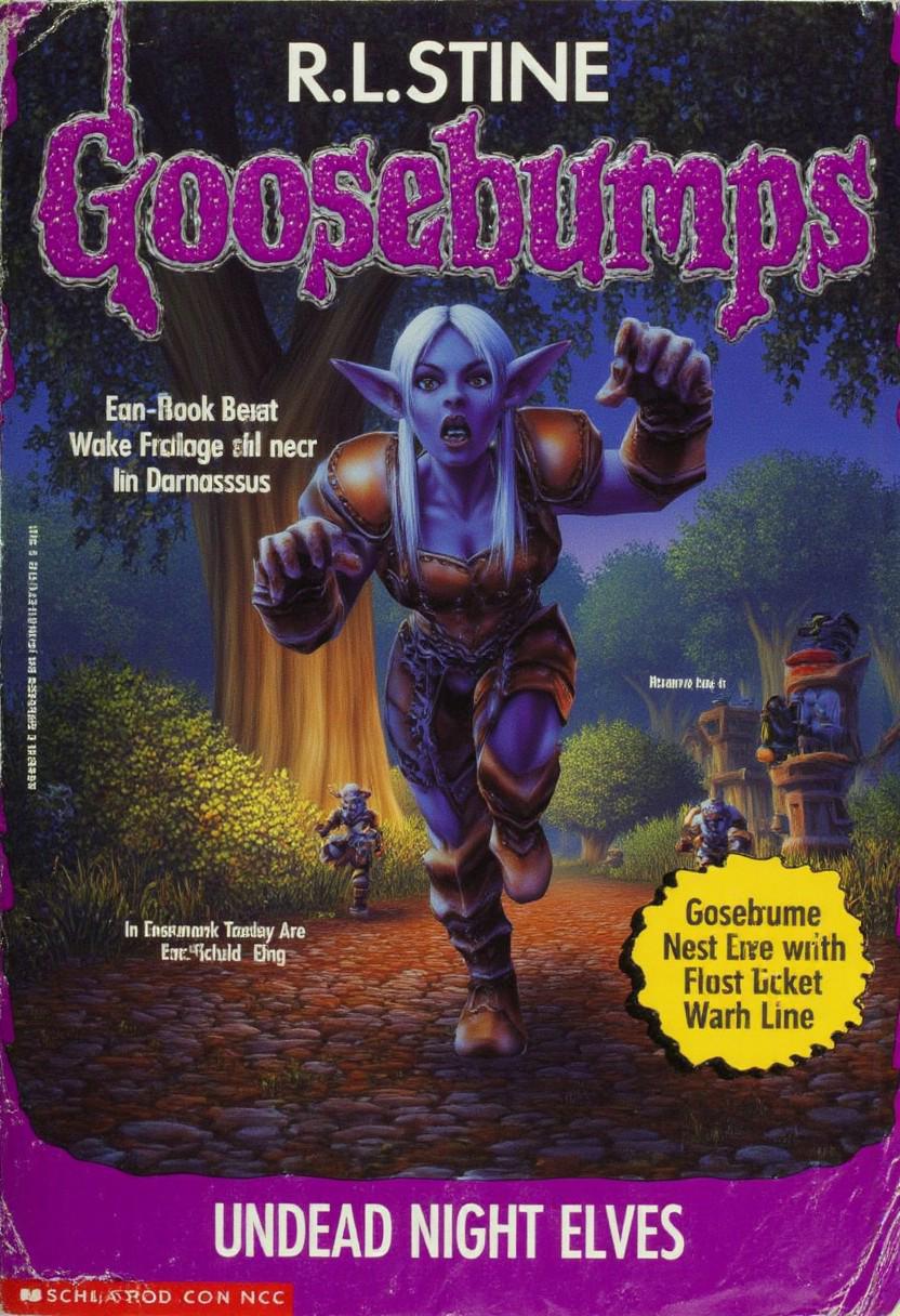 world of warcraft, This image is a photograph of the cover of a book titled "R.L. Stine’s Goosebumps: UNDEAD NIGHT ELVES", featuring a 24 year old female night elf with pointy ears and white glistening hair and purple skin while wearing a full set of leather armor while running through a dark forest in Darnassus.