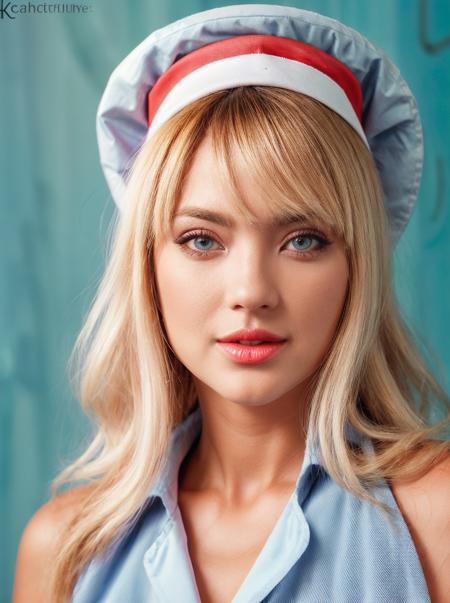 , realistic, amazing photo of a pretty woman wearing nurse clothes and hat, makeup, <lora:quiron_KaschaPapillon_v2_lora:0.87> KaschPapillonQuiron, blond hair,