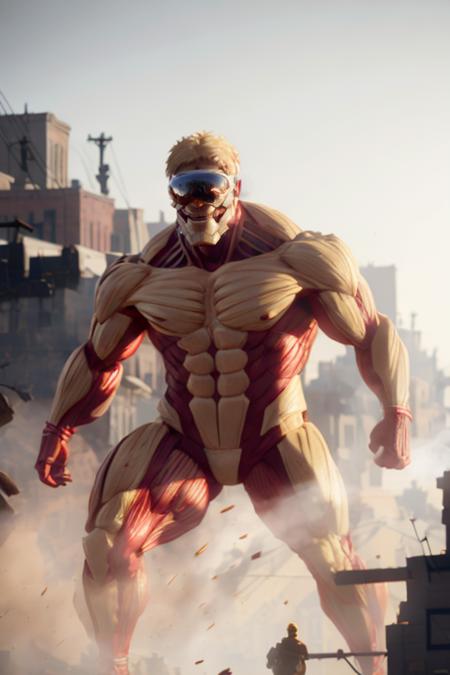 <lora:AttackTitan-10:1>, armored titan, muscular, giant, size ratio, short hair, blonde, building, teeth,  armor on body, armor on face, (half body),  light in eyes, steam and smoke, red muscles ,  <lora:vision_pro_v2:1> wearing VR glasses,wearing vision pro, destroy city, city on fire, smoke, broken building