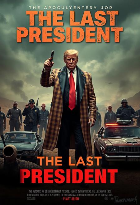 a poster for a documentary Titled: "THE LAST PRESIDENT"
In a apocalyptic wasteland showcasing Donald Trump as a tyrannical ruler, wearing mad-max-style outfit, surrounded by prisoners, psychotic worshipers and a drifters. MAD MAX-style outfits and cars.