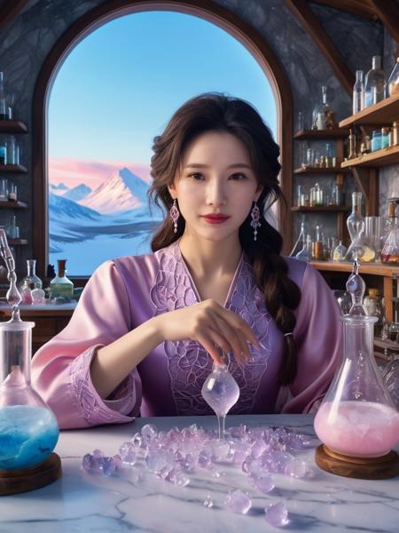 Masterpiece, 8K, Photorealistic, perfect, ,realistic, Skin Textures, High Resolution, stunning beautiful,mafanshu woman,jewelry,earrings,as A wise alchemist mixing potions in a cluttered laboratory , ,  <lora:mafanshu_ej_JuggXL_1-000020:0.6>in A vast tundra stretches beneath a canopy of shimmering auroras, its ice fields cracked and glowing with veins of pale light. A colorful palette of pastel pinks, blues, and lavenders dances across the horizon, framed by an elegant, abstract zentangle.