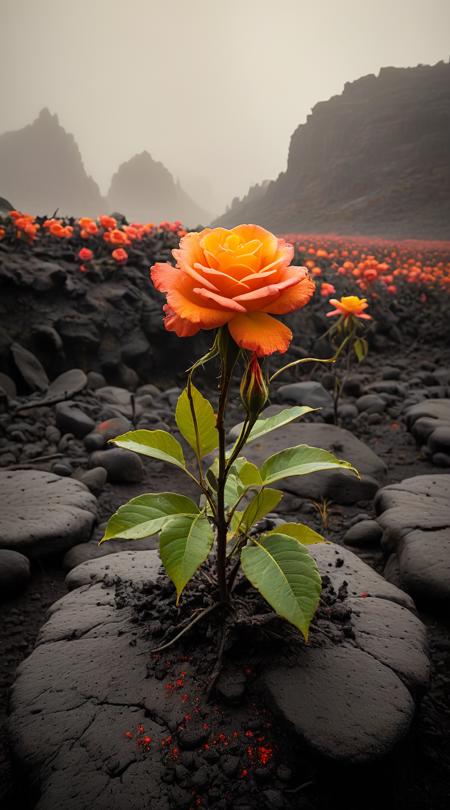 Phoenix-petaled roses, researching an ancient artifact, Lava-like flow from magma, dense fog with low visibility, bright citrus color bursts, peripheral wide view, long shot of the landscape, outsider art unconventional, cold metallic gleam, piercing laser beams, vignette shadow framing, selective color pop.