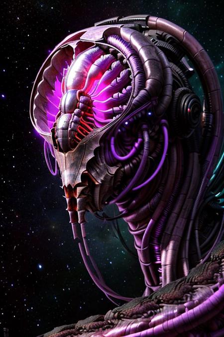 portrait of pearl Caterpillar female person (long neck, slender arms)) massive headdress, bio armour, (luminesce purple hues glowing) floating particles, insect textures, scifi,