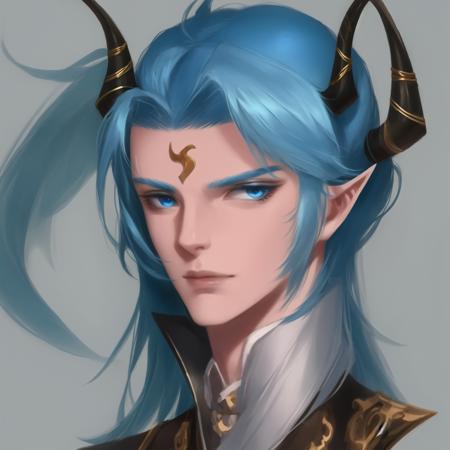 1boy, male focus, solo, blue eyes, blue hair, pointy ears, portrait, long hair, grey background, horns, simple background, closed mouth, looking at viewer, facial mark, lips, forehead mark, realistic, <lora:ImpastoH-000002:1>