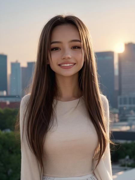 a close-up photo of 1girl, <lora:karnaval_v1c:0.9>, Karnaval, smiling, long hair,  cityscape of Tokyo, cozy, sunset, bokeh, depth of field, <lora:add_detail:0.7>, <lora:FilmVelvia3:0.3 >, <lora:real_skin:0.4>