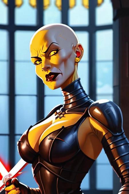 (best quality, masterpiece,Vector Art) upper body portrait, cleavage, bald:1.3, evil smile, yellow eyes , looking at viewer, asajjventress,1girl, solo, breasts, holding, cleavage, medium breasts, weapon, sword, armor, lips, torn clothes, pale skin, bald(high contrast, official art, extreme detailed, highest detailed)<lora:tcwwomensdxl_lora:0.8>