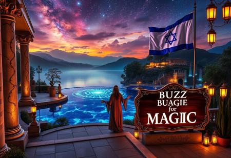 A mystical landscape at twilight, centered around a glowing crystal lake reflecting vibrant nebulae and distant galaxies. Grand marble columns and statues reminiscent of Italian architecture line the shores, adorned with glowing vines. Towering bioluminescent trees with ornate branches softly illuminate the scene, while terraced villas and cascading fountains, inspired by Tuscany, rise in the distance. Iridescent mountains blend with the luminous clouds above, creating a dreamlike horizon.
In the foreground, a figure in flowing robes reminiscent of Renaissance nobility stands on a stone piazza leading to the lake. Around them, floating orbs of light and ancient runes circle as they weave a magical spell. Nearby, an elegant wooden sign made from polished mahogany, with intricate scrollwork and gilded edges, reads ‘BUZZ for MAGIC’ in sleek Futura font, glowing faintly in neon white, perched atop a stone pedestal. In the background, a large flag sways gently in the wind, a seamless blend of the American flag’s stars and stripes with the Star of David from the Israeli flag, representing unity and strength. Golden lanterns sway in the gentle breeze, adding warmth to the serene atmosphere. The entire scene is a fusion of otherworldly beauty, timeless Italian elegance, and symbolic unity, where nature, art, and magic blend in perfect harmony