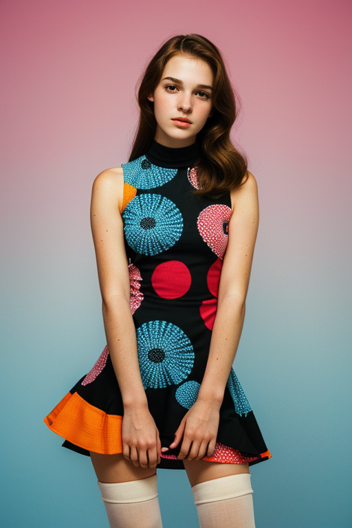 A young woman wearing a black and orange dress with a polka dot pattern.