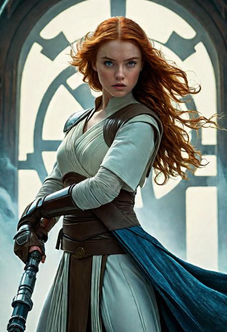 High resolution ultra-realistic of Beautiful Jedi Knightess, 8k, capturing the intensity of the moment, cinematic lighting, standing on a bloody and turbulent battlefield in a bloody battle, wavy red hair, realistic dirty pale face, realistic blue eyes, beautiful hourglass figure, burning in a Star Wars Town, intricately designed Star Wars style clothes dirty white-brown robes, Star Wars Aesthetic, perfect athletic figure, beautiful Sadie Sink as Jedi Knightess, lightsaber in your hand, ultra realistic, cinematic style, vigorous and seductive, athletic figure, Star Wars style, dramatic lighting, wet and sweaty skin, dirty pale skin, athletic figure, dark fantasy, dramatic lighting, Greg Rutkowski style, Jedi Knightess on in Jedi dress, hyper-detailed, hyper-realistic, natural light, extremely intricate details, masterpiece, epic, bright colours, Attractive 21 old years girl, beautiful firm Breasts, sharp focus, digital painting, Photograph Taken on Nikon D750, Alphonse Mucha, athletic figure, Hyperdetailed, hyperrealism, Attractive, Attractive bust girl, asymmetric balance