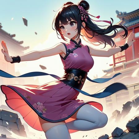 tsuuhaiken outstretched arms hand close to waist lunge sidelocks longhair wristband sleeveless chiffon floral qipao fluttering skirt wind dust  steam