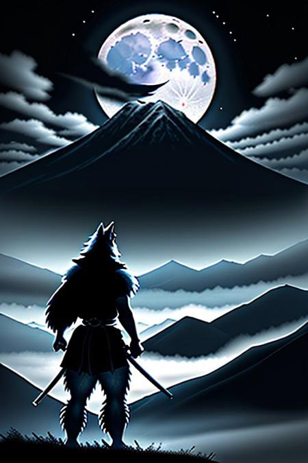 JRPG, gigantic wolf, mist covered mountain, mountain sized wolf, chinese wolf, at night, moon, bright moon, dark night, wolf peering from behind the mountain, samurai, facing the wolf,