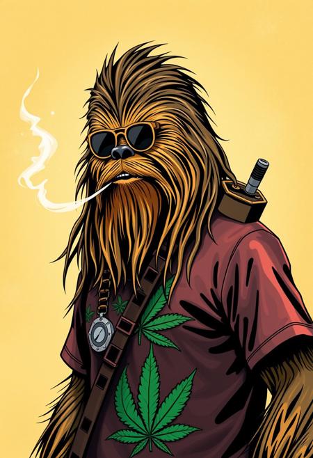 chewbacca with deadlocks, tshirt with a big marijuana leaf,jamaicain color t_shirt,a big transistor on his shoulder,jamaicain background,smoking marijuana