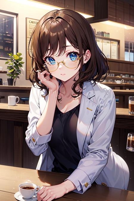 masterpiece, best quality, short hair, (yellow highlights:1.2), brown hair, blue eyes, indoors, glasses, cafe, night, hands on own cheeks, white jacket, black shirt, wavy hair, medium breasts,