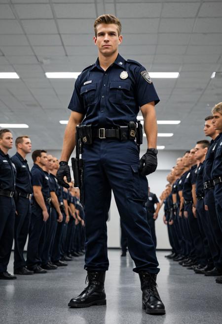 Ultra-realistic, cinematic full-body photo of a handsome 20-year-old Caucasian male police academy recruit standing tall and dominant during inspection. He wears a tightly fitted short-sleeved navy police uniform, with black tactical gloves, a visible silver badge and name tag, and a fully loaded duty belt with visible tactical gear. His posture is rigid, stance wide and confident, projecting control and arrogance. He looks directly down at the viewer with a cold, piercing stare and a faint, smug smirk — exuding quiet aggression and superiority. Shot from an extreme low-angle floor view at his feet, creating a dramatic upward perspective that emphasizes power and intimidation. The background is a clean, brightly lit police academy training hall, with other recruits in uniform standing in formation, blurred out to keep focus on him. Harsh overhead lighting, crisp shadows, sharp textures on fabric, belt, and gloves. High detail, full-body in frame, hyper-realistic skin and lighting, photo-quality.