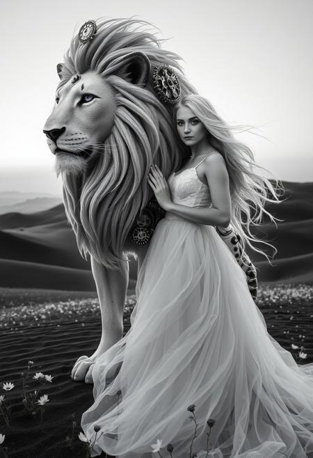 (Soft Lighting Photography by Mimoza Veliu and Mario Giacomelli:1.2), NSFW, (Soft Lighting Photography by Mimoza Veliu and Mario Giacomelli:1.2), NSFW,  　　A beautiful woman with flowing silver hair and piercing violet eyes stands gracefully beside her companion, a majestic lion crafted from a mesmerizing interplay of black and white clockwork. The lion, a marvel of contrasting mechanical artistry, stands tall and proud, its mane a cascade of alternating black and white gears and intricate cogs, its body radiating a soft, ethereal glow. The woman, radiating grace and elegance, wears a flowing gown of swirling black and white that blends seamlessly with the ethereal landscape. 
The scene is set against a backdrop of a timeless realm where magic and technology intertwine, bathed in the soft glow of a twilight where black and white blend seamlessly.  Rolling hills of black sand stretch out towards a horizon veiled in a soft, white mist. Black and white flowers bloom at their feet, their petals shimmering with a gentle luminescence. This image captures the ethereal beauty and harmonious unity of contrasting forces, a testament to the enduring power of companionship and the enchanting mystery of their shared guardianship over a realm of balance and duality. , sexy